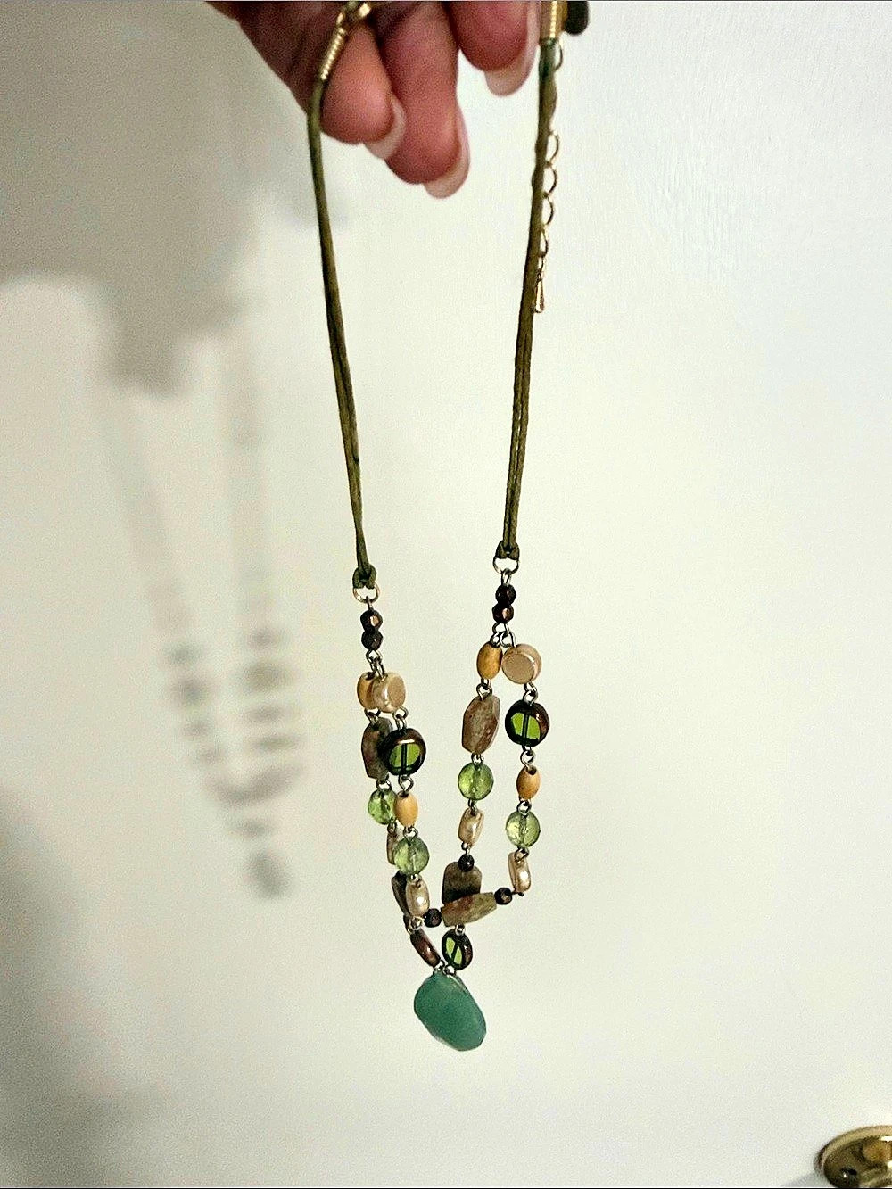 Lia Sophia Green & Brown Beaded Pendant Necklace